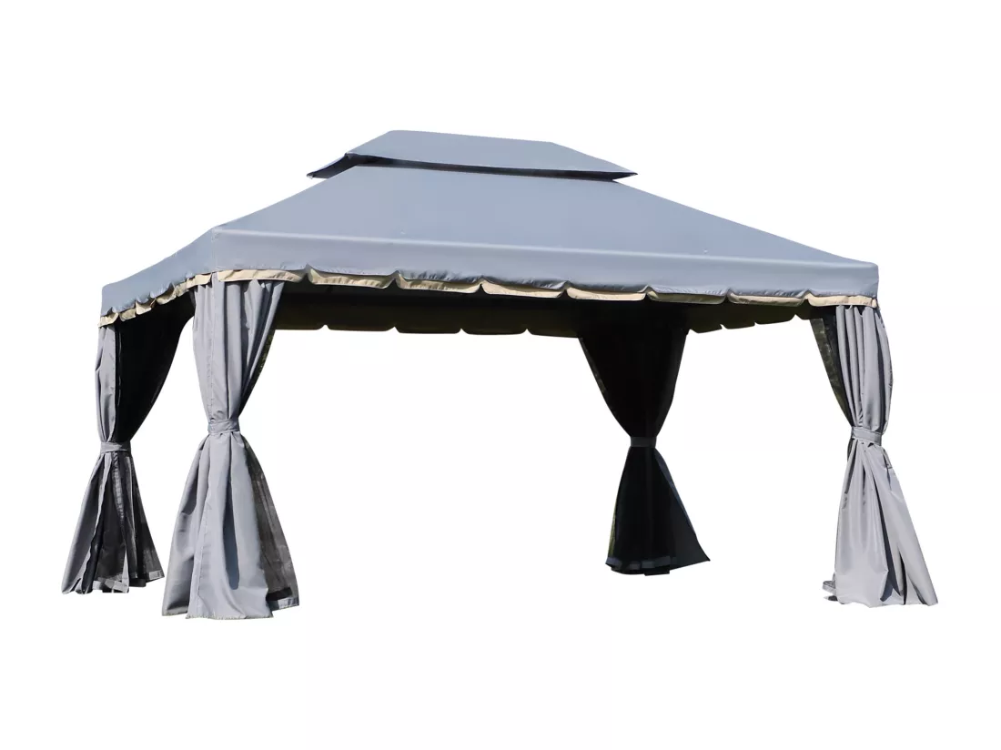 Tonnelle barnum pavillon de jardin style colonial double toit toile moustiquaires et toiles amovibles 3,9L x 2,9l x 2,8H m gris