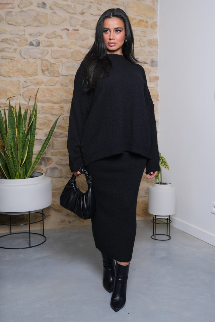 Ensemble 2 pièces pull + jupe noire texturée