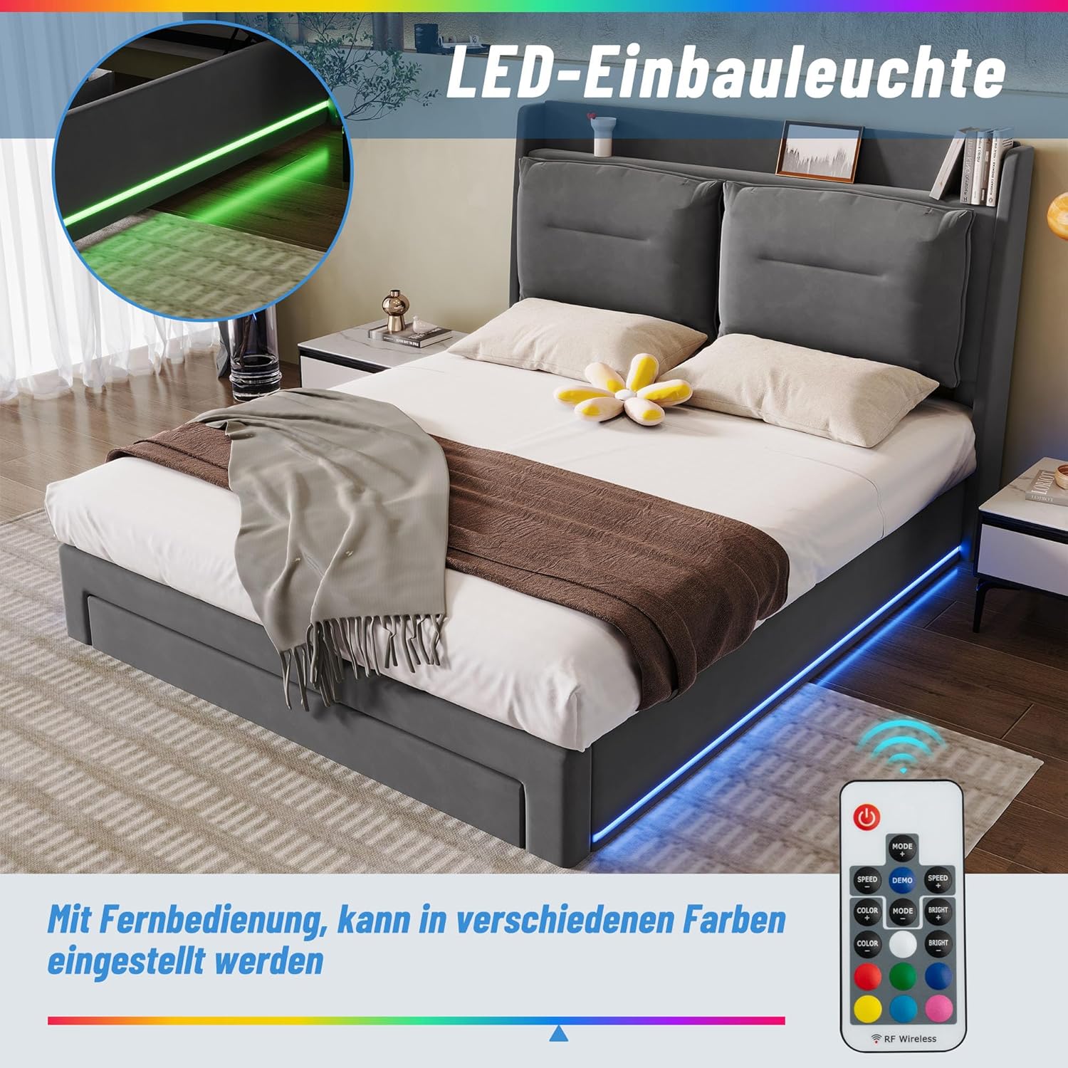 Bett 180x200cm, Polsterbett mit LED Licht und Schublade, Hydraulisches Bettgestell mit Stauraum, Oberfläche aus Samt, Doppelbett mit Lattenrost, ohne Matratze, Grau