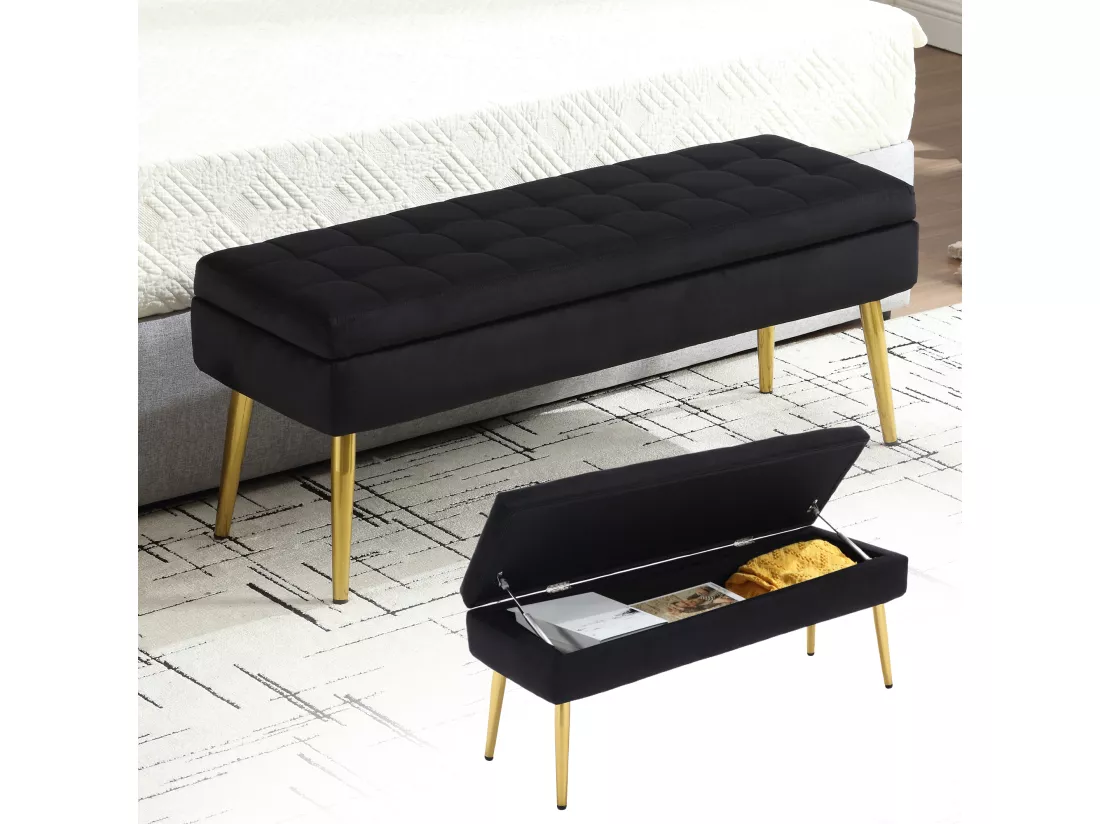 Banc de rangement, 111x35x44.5cm, pieds en métal doré pour salon, à l'entrée, à la chambre à coucher, en velours noir