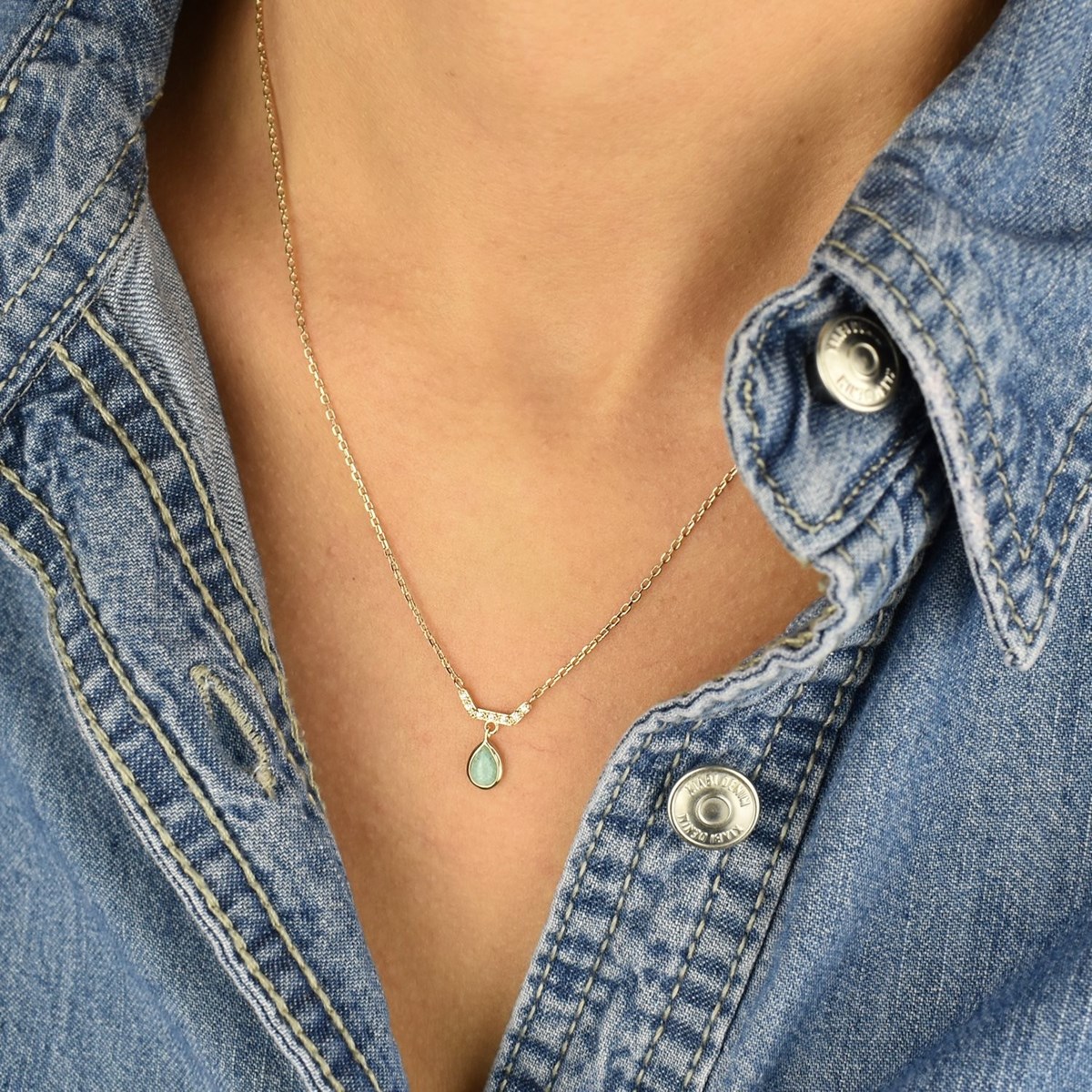 Collier goutte d'Amazonite pierre naturelle et oxydes de zirconium Plaqué OR 750 3 microns