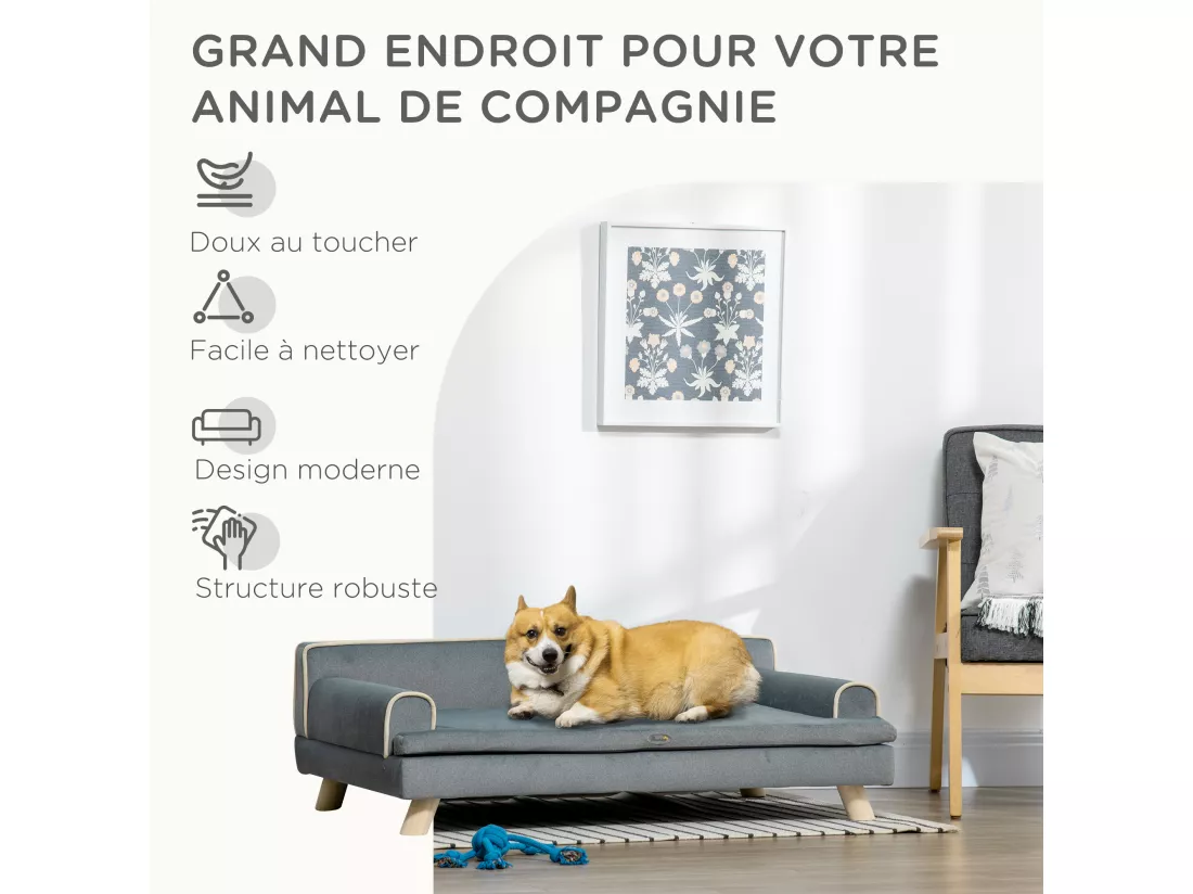 Canapé chien lit pour chien design scandinave coussin moelleux piètement bois dim. 100L x 62l x 32H cm polyester gris