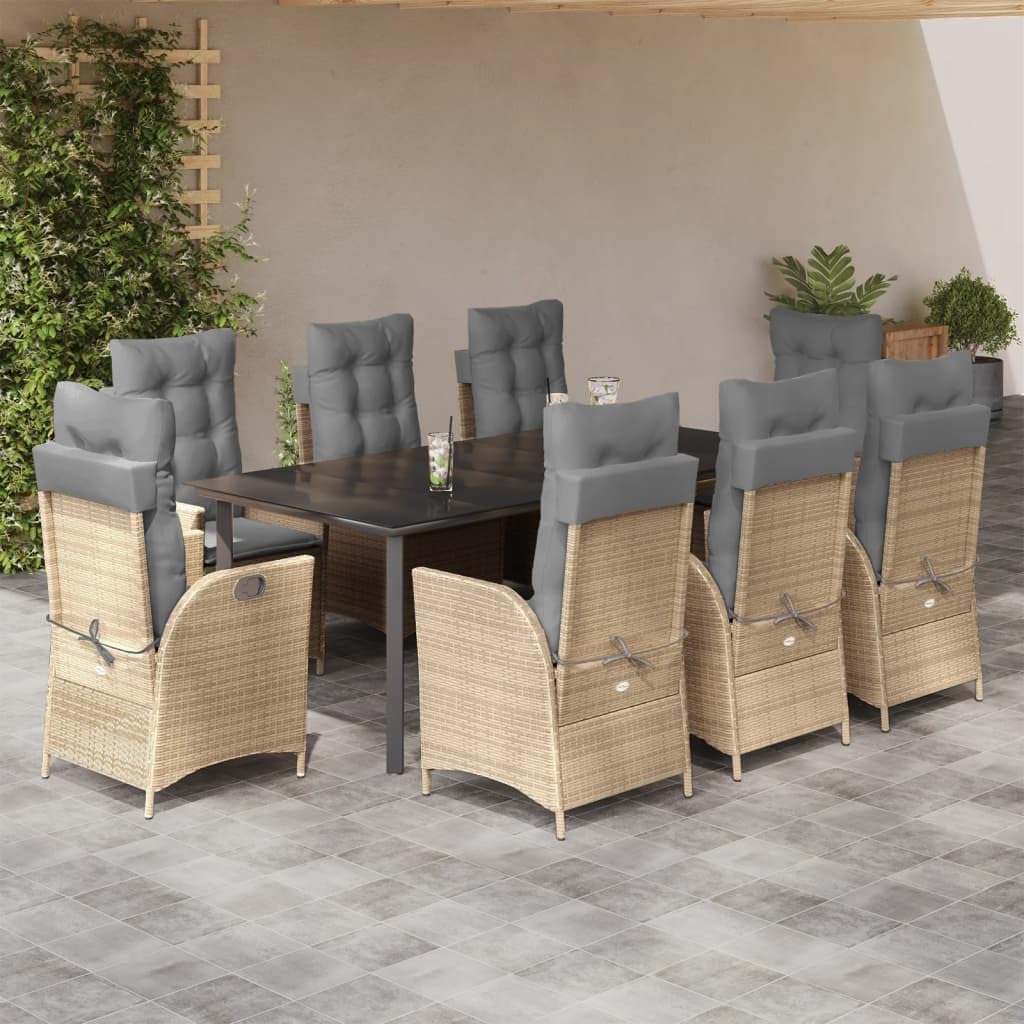 9-teiliges Gartenmöbel-Set aus witterungsbeständigem Poly-Rattan 200x100 cm Tisch mit 8 verstellbaren Sessel Beige für Terrasse Balkon und Wintergarten