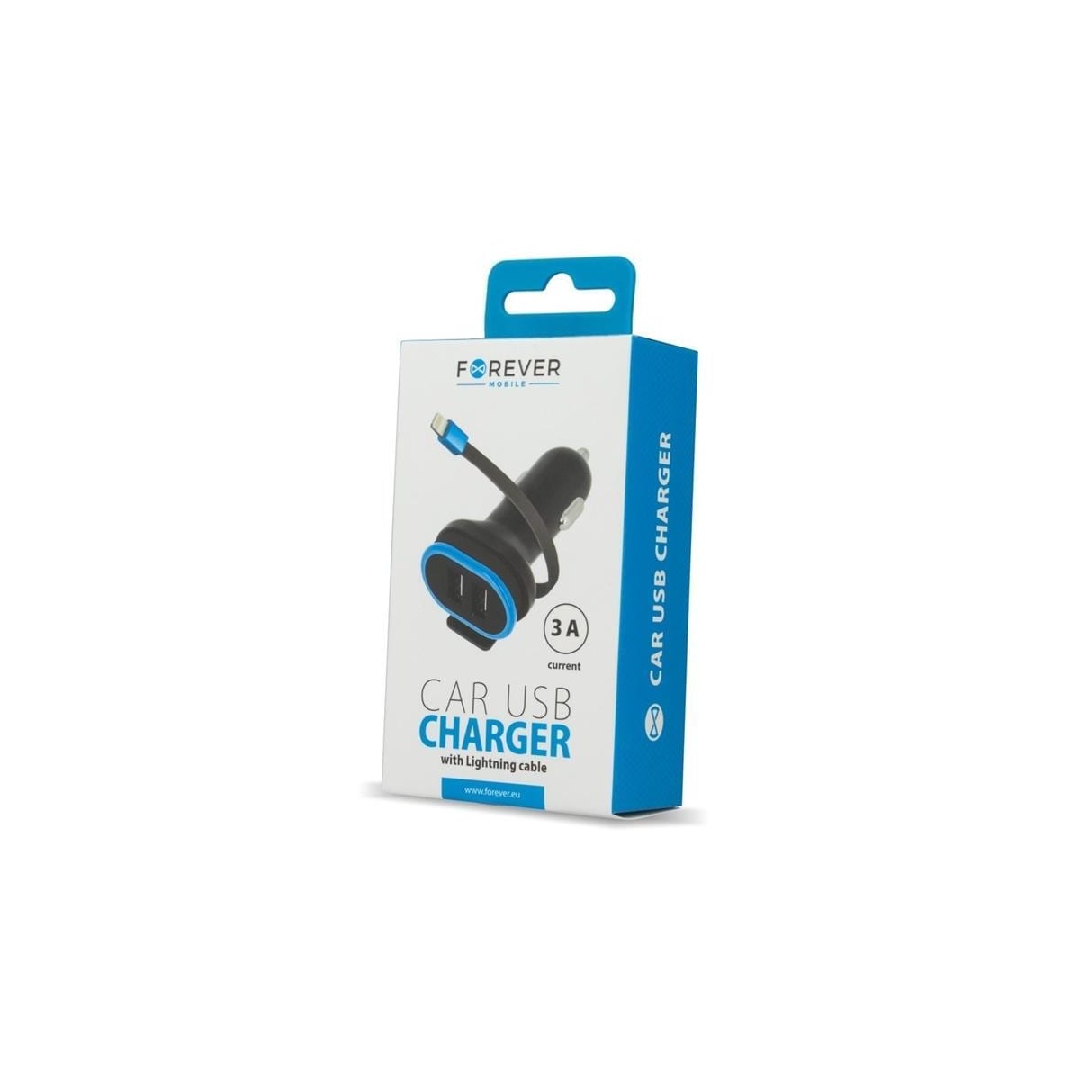 Forever Dual USB-billader CC-02 3A med iPhone 8-pinners kabel