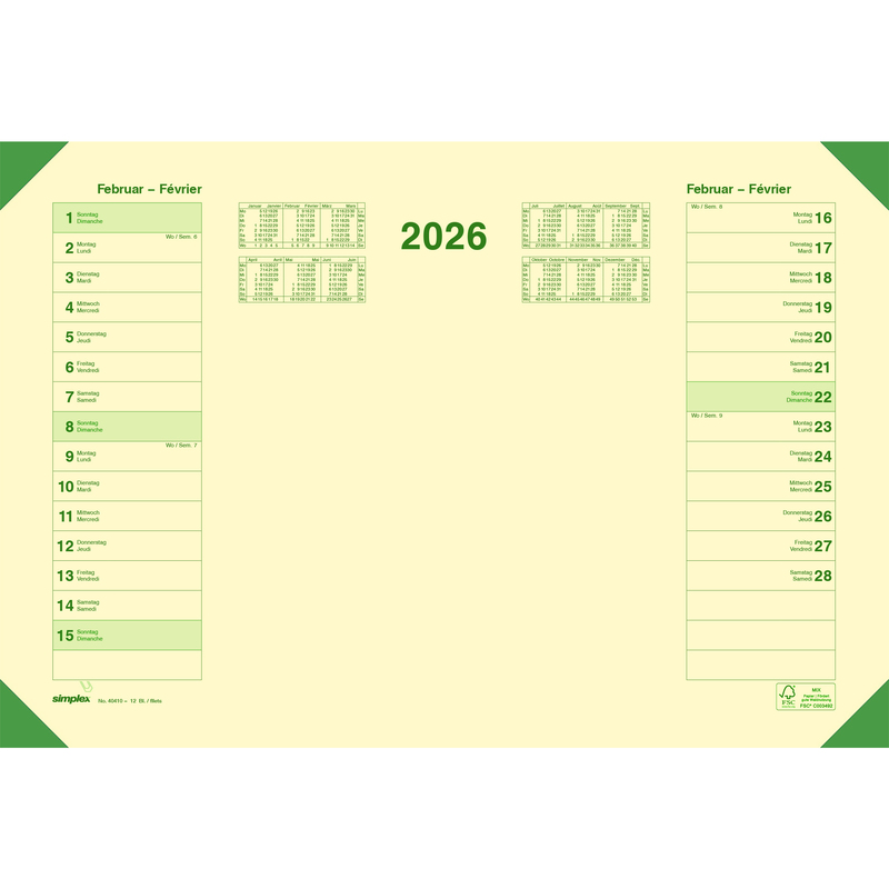 Simplex Schreibunterlage mit Kalender 2026, Papier, hellgelb