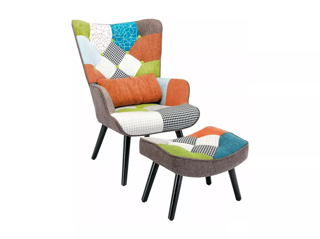 Fauteuil Salon Patchwork avec Repose Pieds en Tissu Lin Multicouleur, Fauteuil Scandinave en Bois Massif avec Support Lombaire, Lin