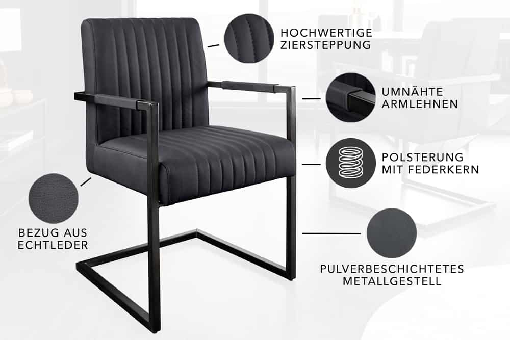 Moderner Freischwinger Stuhl BIG ASTON Echtleder schwarz Taschenfederkern Metall