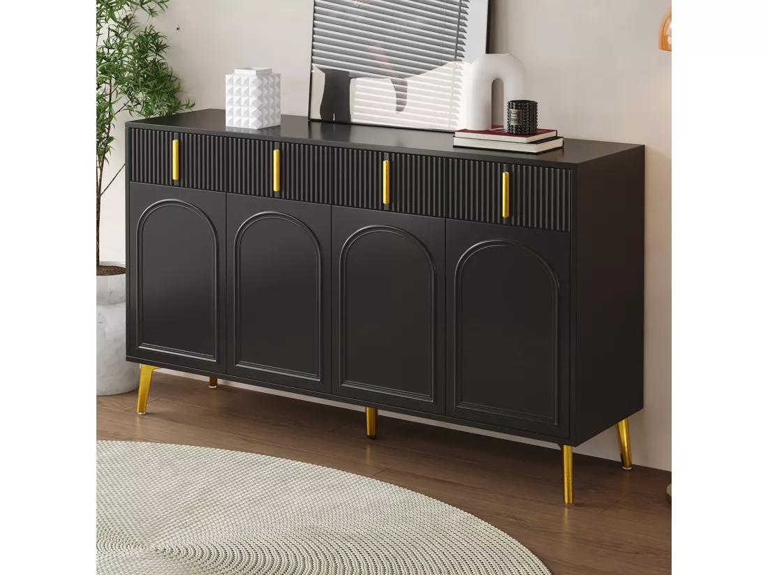 Buffet noir 4 portes 4 tiroirs avec poignées et pieds dorés 140*37,8*82cm CHADDANS