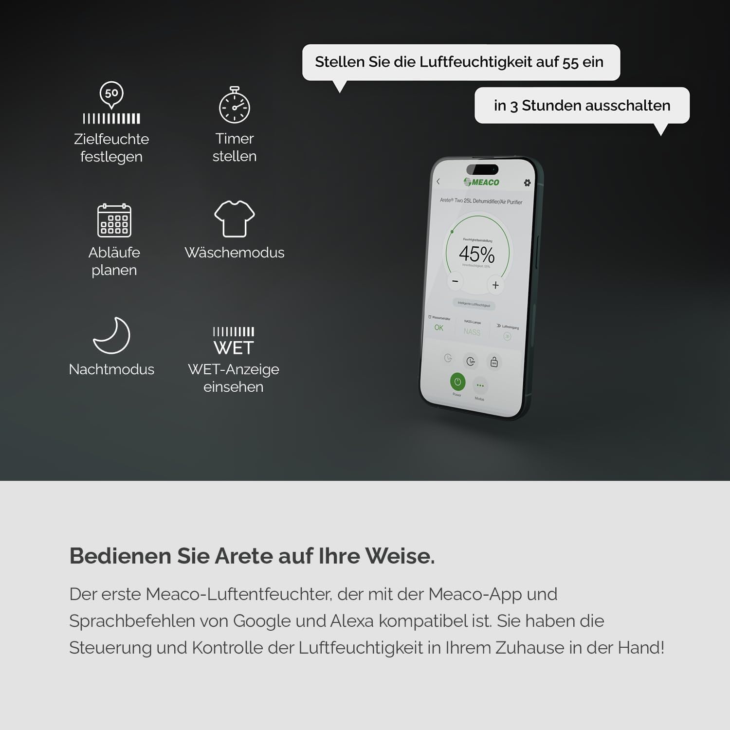 Meaco MeacoDry Arete® Two 10L Luftentfeuchter & HEPA-H13-Luftreiniger, Meaco-WLAN-App, intelligenter Feuchtigkeitsmodus, Wäschemodus, Stromsparmodus, leiser Modus, senkt Feuchtigkeit, 5 Jahre Garantie