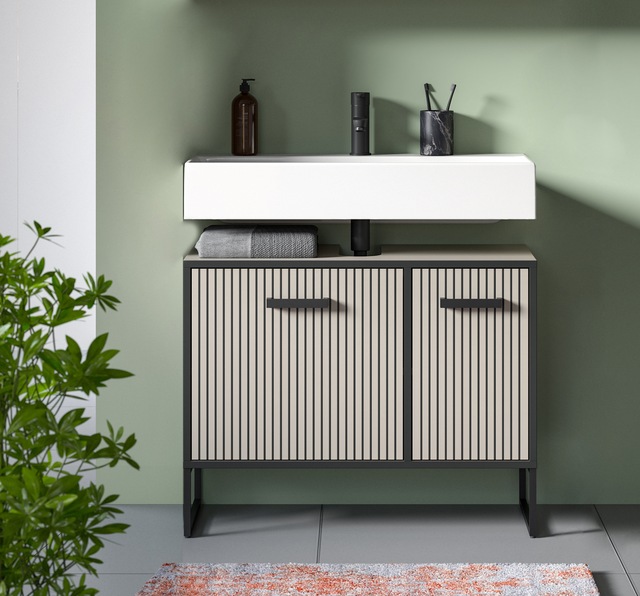 welltime Waschbeckenunterschrank »Locri, Höhe 63 cm, Rillenoptik, Metall Kufen« 1 Stk. tlg. modernes Design, Badschrank, Unterschrank, Bad