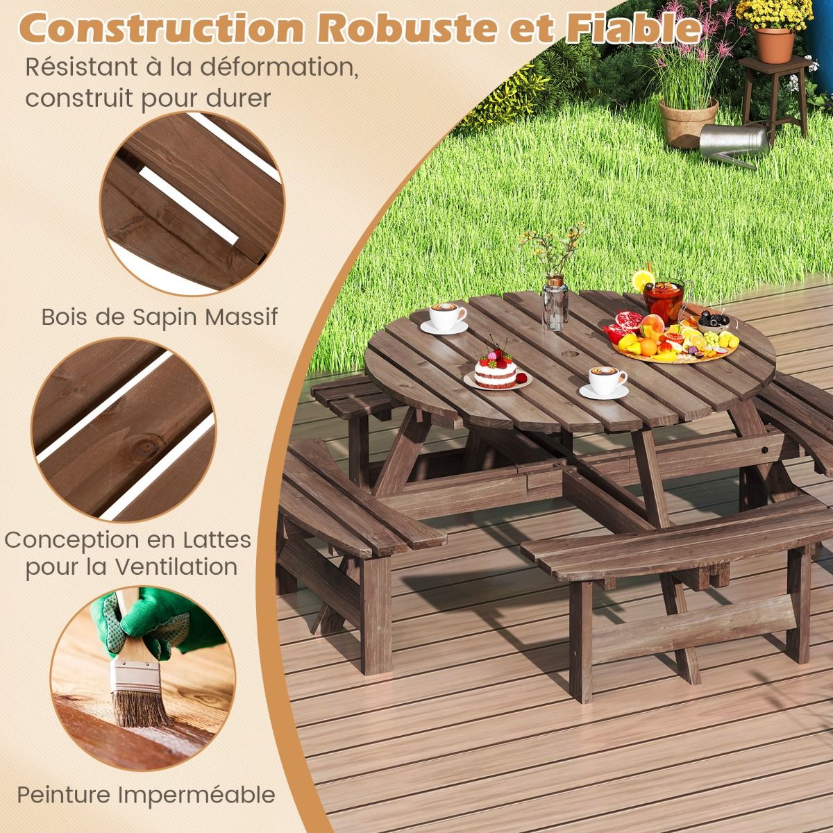 Ensemble Table de Pique-Nique en Bois pour 2 à 8 Personnes Set Table et Banc Circulaire avec 4 Bancs Intégrés Trou de Parasol de 5cm Marron/Jaune - Lidl-Manfred