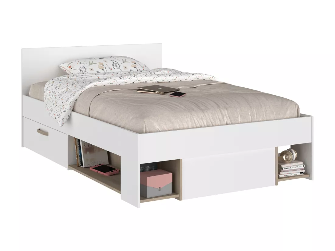 Lit 120 x 190/200 cm avec rangements - Blanc et naturel + Sommier - KINSELIA