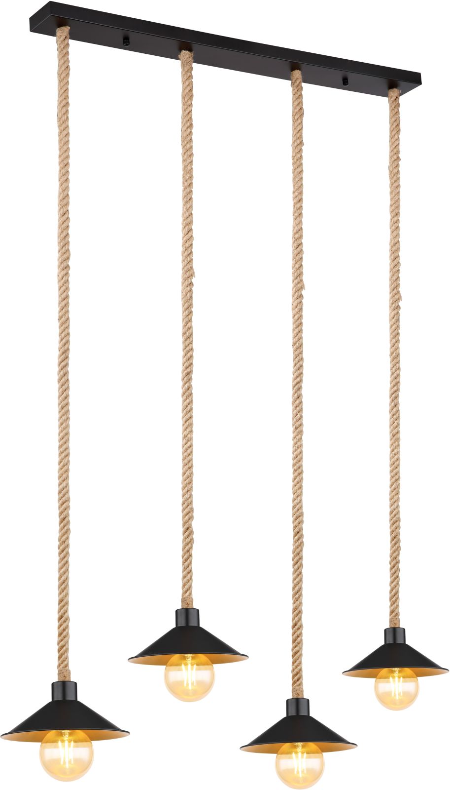 Pendelleuchte - schwarz matt - goldfarben - Hanfseil - 170 cm - 4-flammig