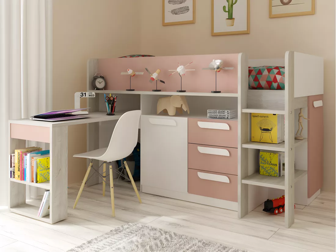 Lit combiné 90 x 200 cm - Avec bureau et rangements - Rose, naturel et blanc + Matelas - LOUKALA