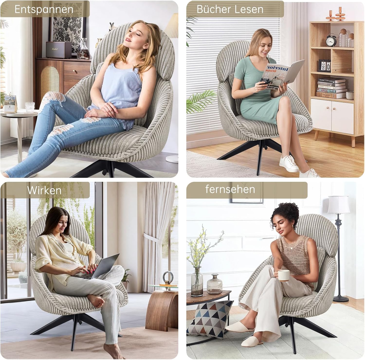 Loungesessel Sessel Wohnzimmer 360°Drehbar, Ohrensessel Armlehnstuhl Polsterstuhl mit dickem Abnehmbares Wurfkissen, Relaxsessel Lesesessel für Wohnzimmer Schlafzimmer Büro, Grau
