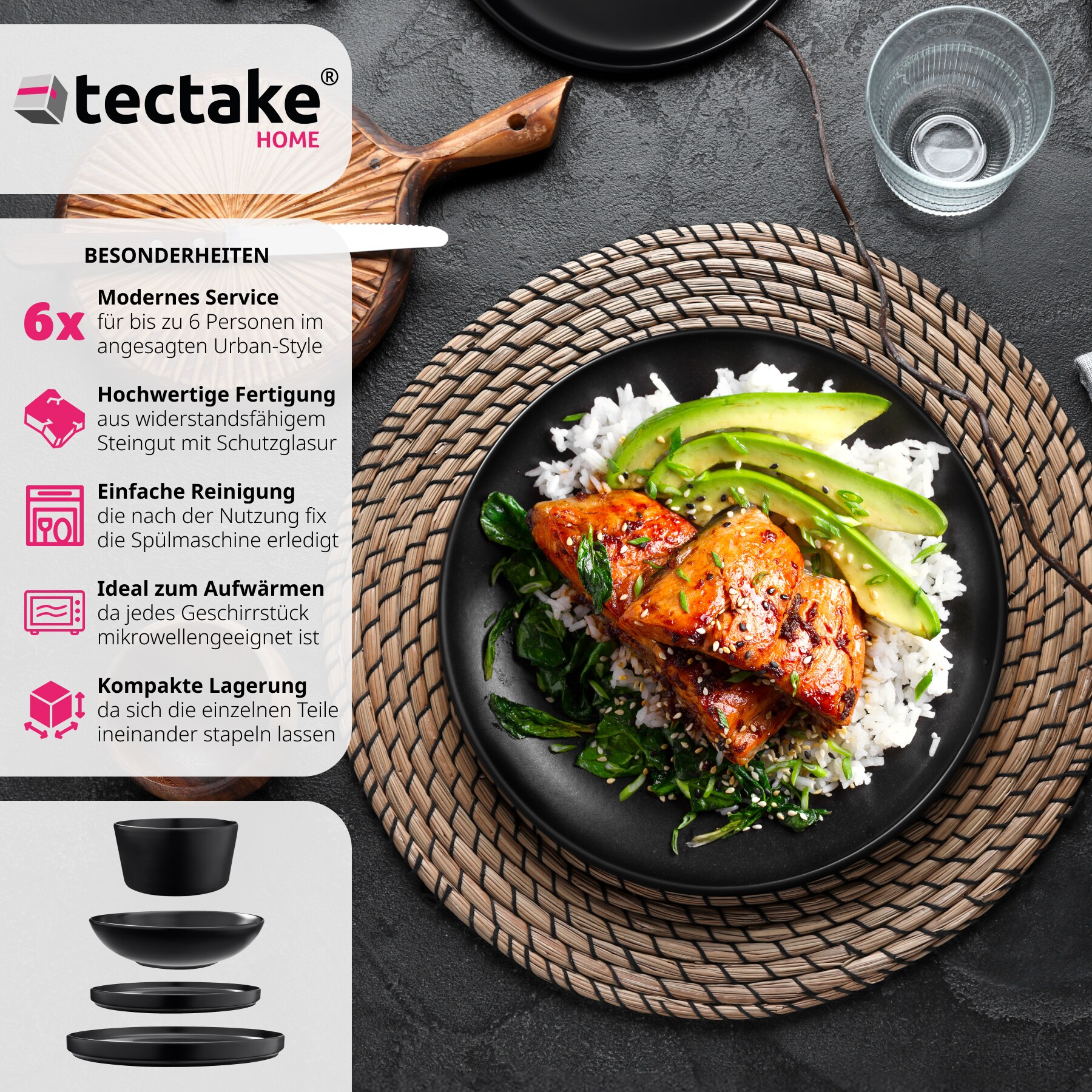 tectake® Geschirrset, für 6 Personen, aus Steingut, mit Glasur, ineinander stapelbar