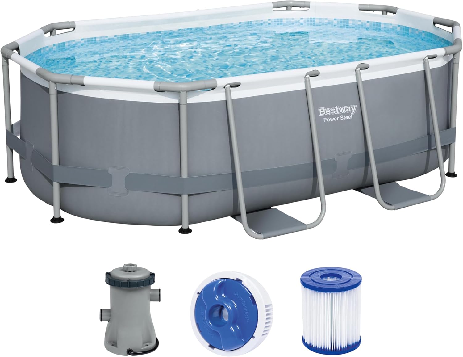 Bestway Power Steel Frame Pool Set, oval, mit Filterpumpe 305 x 200 x 84 cm, grau, 5614A