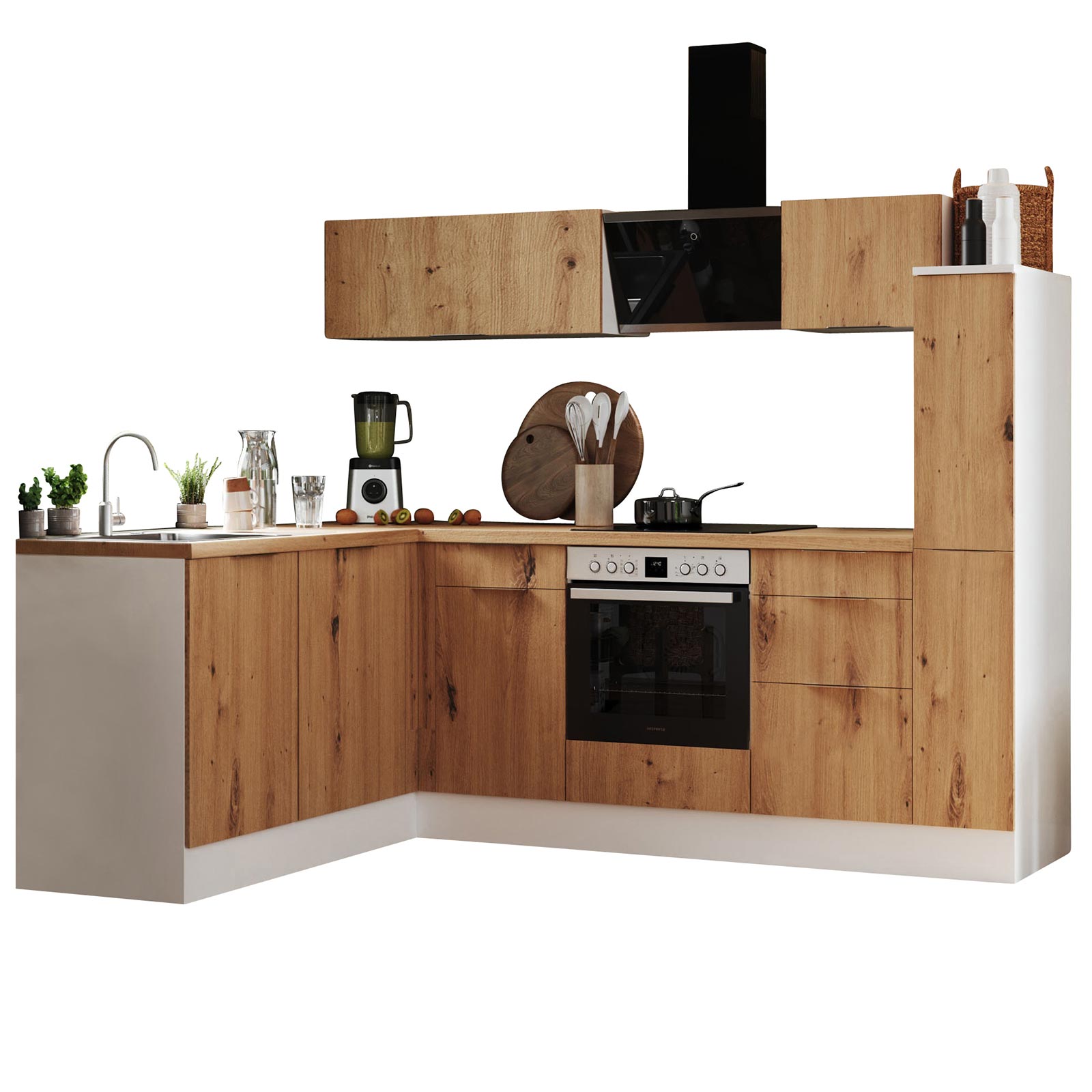 RESPEKTA Winkelküche - Artisan Eiche - weiß matt - mit E-Geräten - 250x175 cm