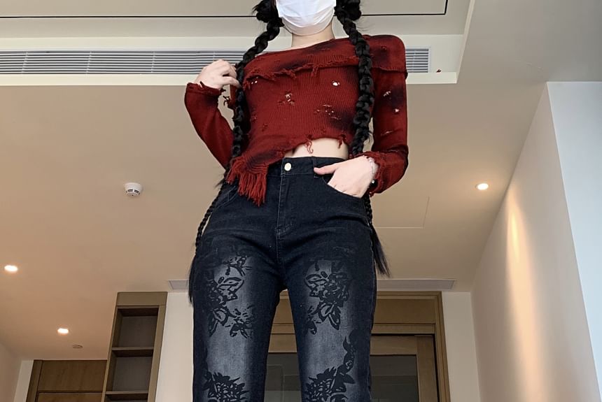 Porstina - Mid Rise Floral Washed Bootcut Jeans
