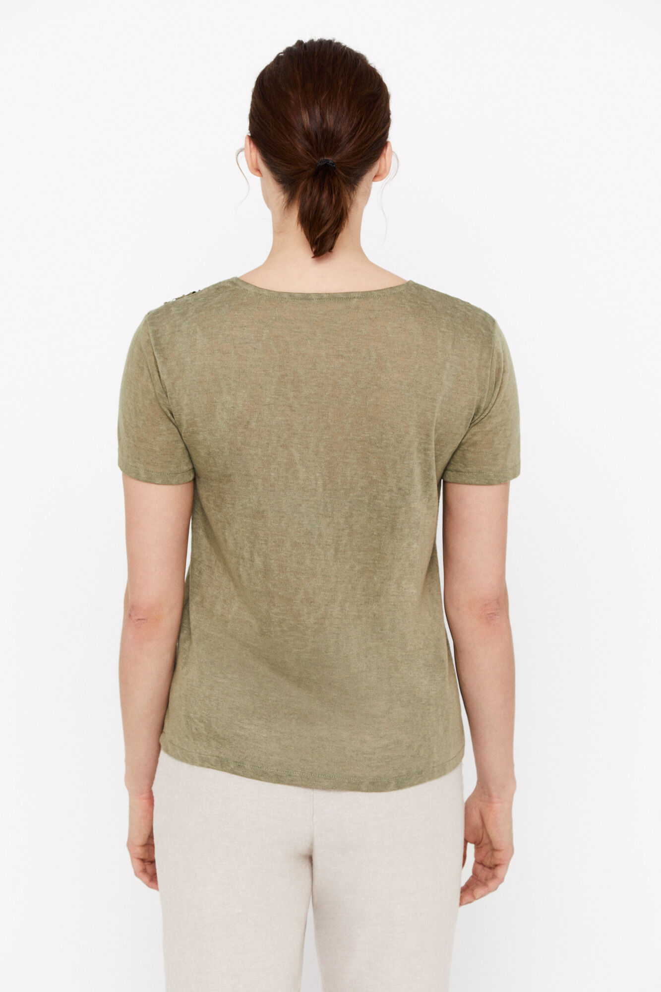 Camiseta com efeito de linho guipure - Cáqui