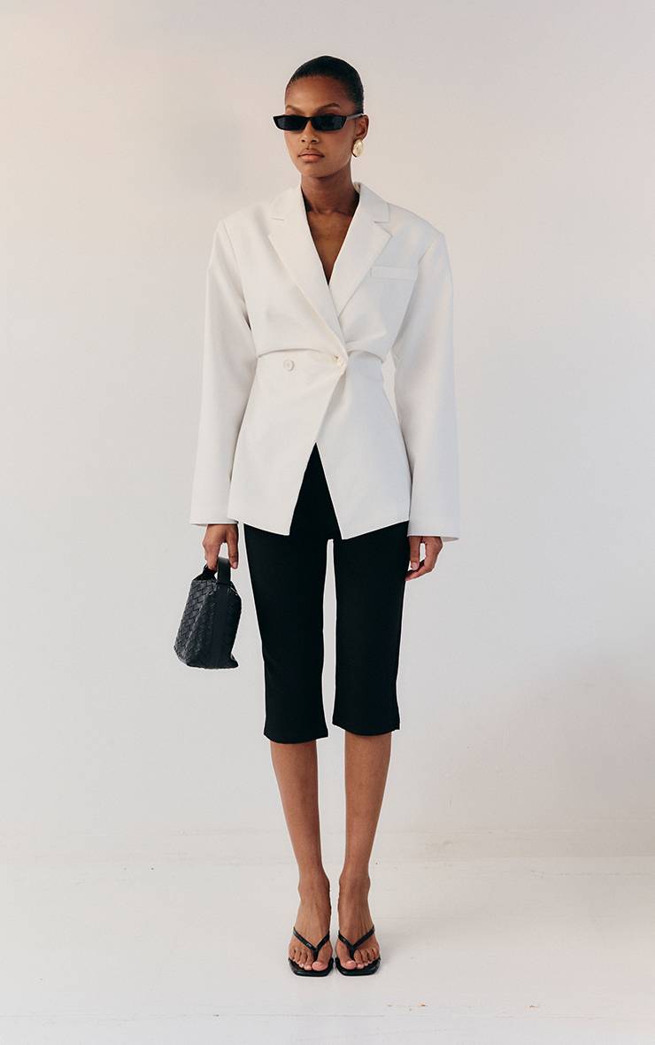 Blanc Blazer Cintré Taille Ajustée Aspect Lin