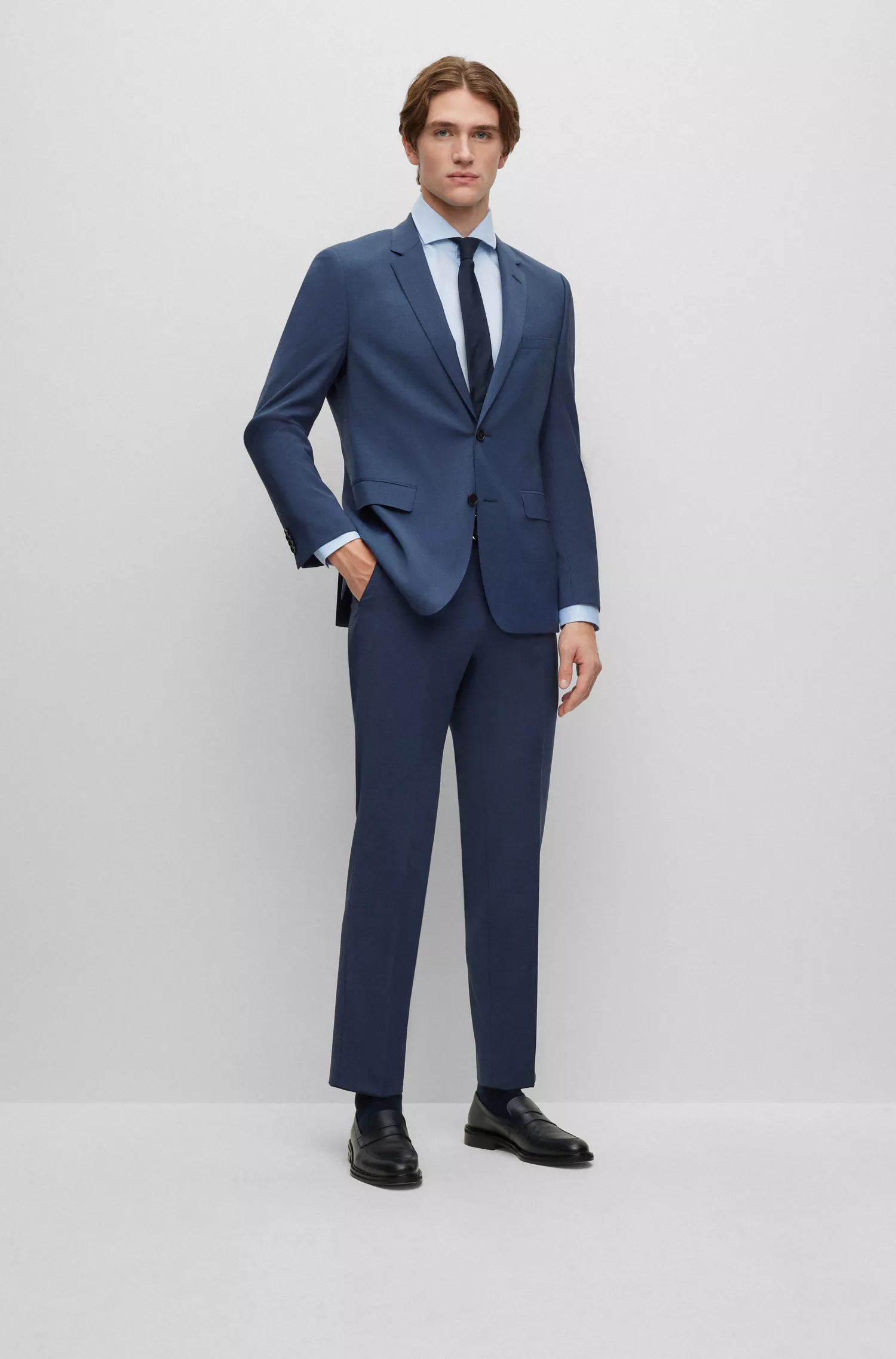 Calça BOSS preta de corte regular em tecido elástico mesclado