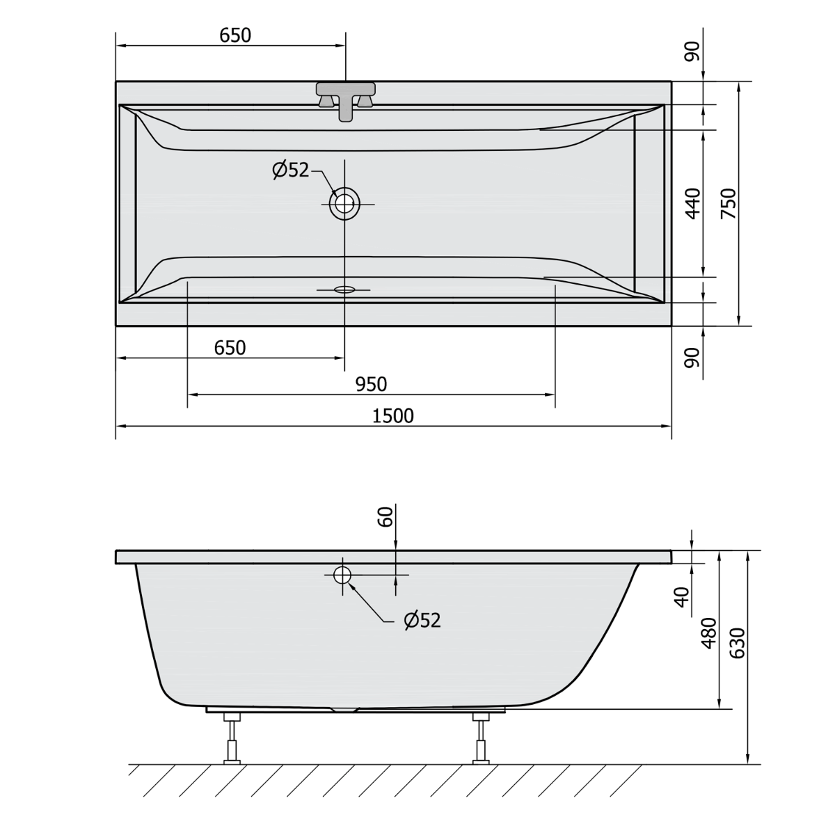 Polysan Cleo ligbad 150x75x48cm zwart mat