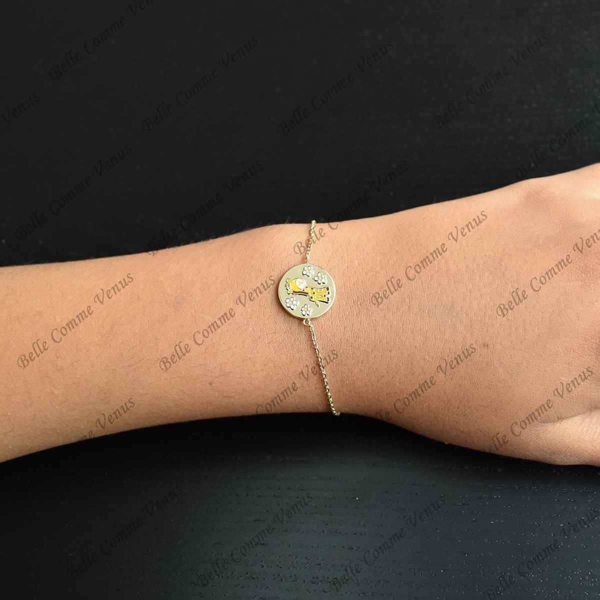 Bracelet girafe et petites fleurs émail coloré Plaqué or 750 3 microns