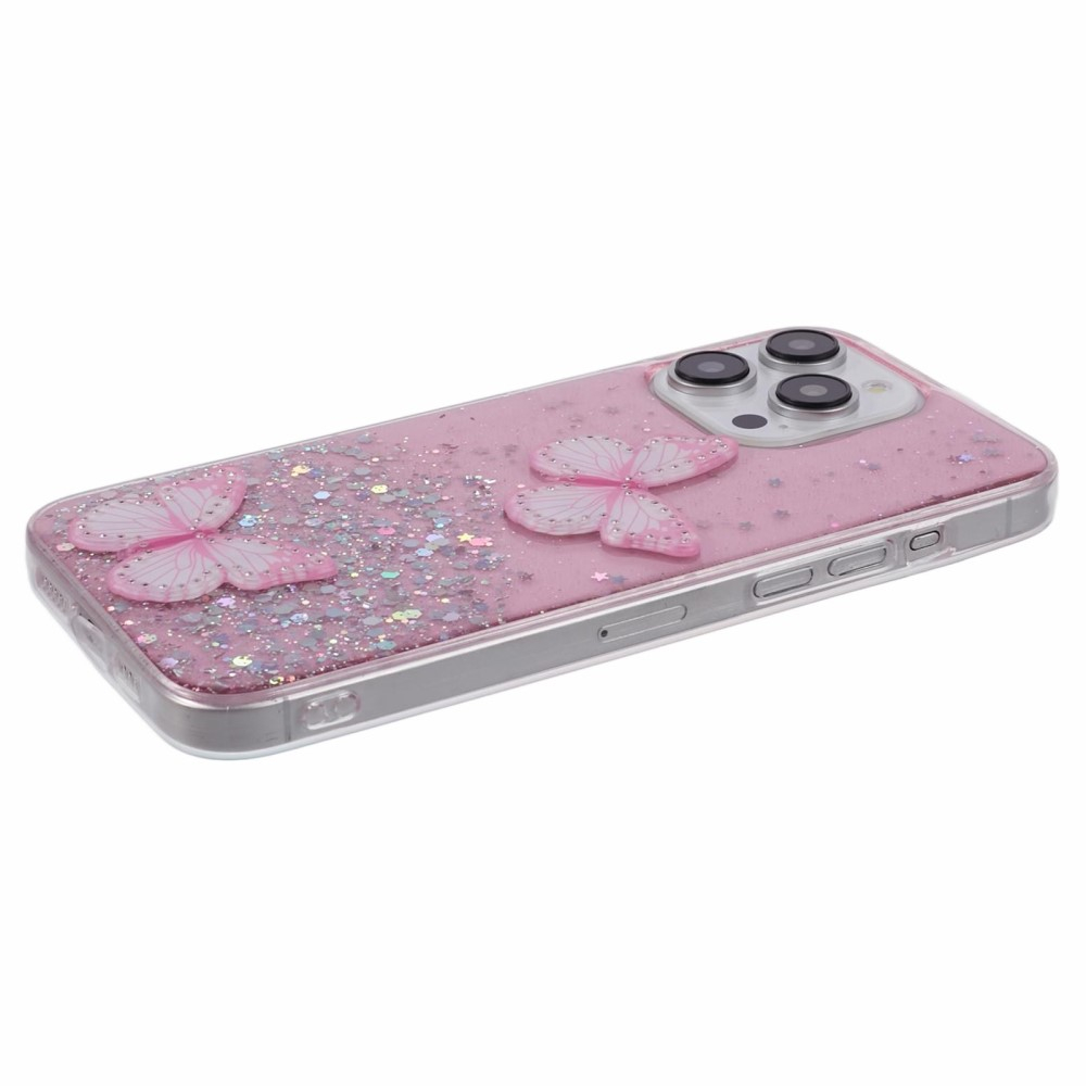 iPhone 16 Pro Max Hybrid Hardcase Schutzhülle im Glitzer Design Schmetterling - Rosa / Transparent