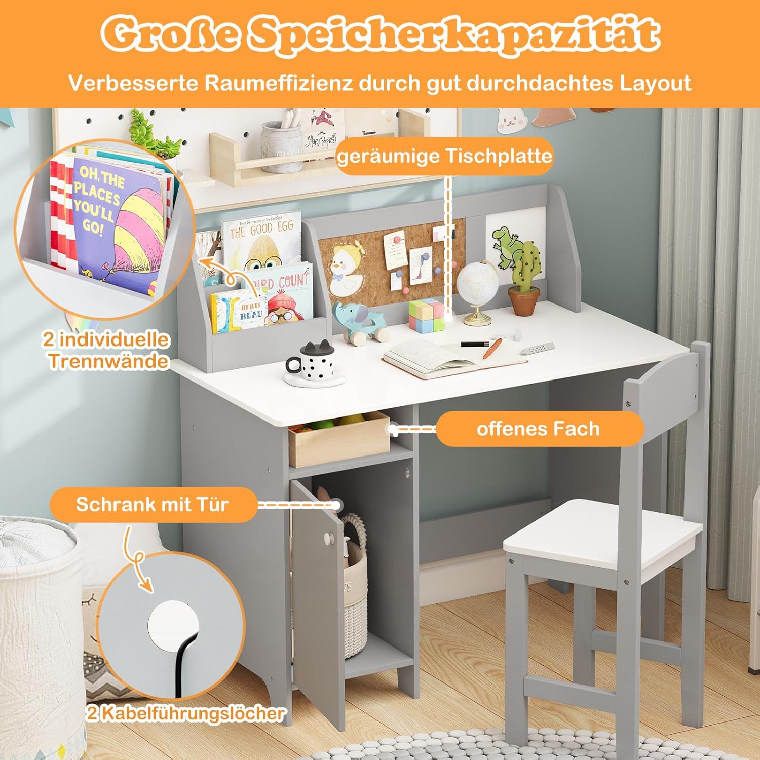 COSTWAY Kinderschreibtisch Set, Schreibtisch Kinder mit Stuhl aus Holz, Schülerschreibtisch mit Bücherregal, Schrank & Pinnwand, Jugendschreibtisch für Kinder ab 3 Jahren (Mit Pinnwand,Grau)