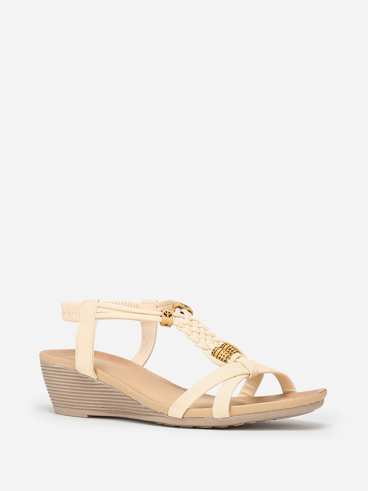 Sandales compensées à perles effet bois- Beige