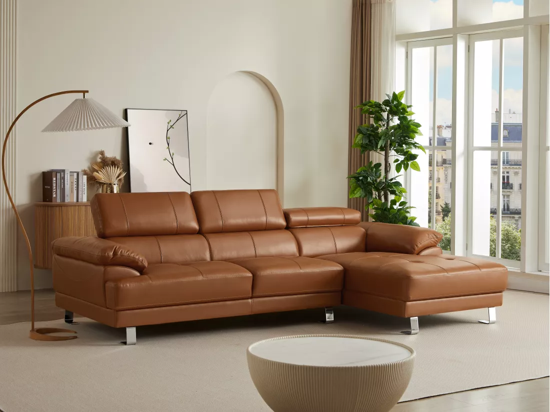 Canapé d'angle droit en cuir premium camel EXCELSIORA