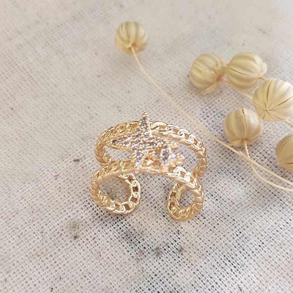 Bague ajustable - Laiton plaqué or & zircon