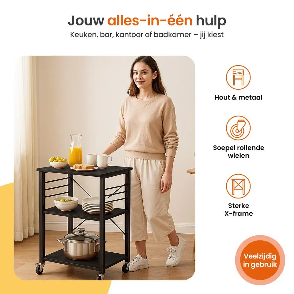 Goliving Keukentrolley - Keukenkast - Keukenrek - Keuken Organizer - Zwart