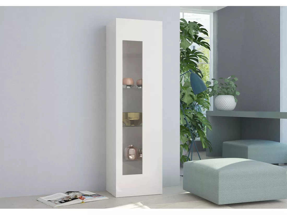 Vitrine Dizz, Buffet avec porte vitrée, Meuble de salon polyvalent, 100% Made in Italy, 45x34h162 cm, Blanc brillant