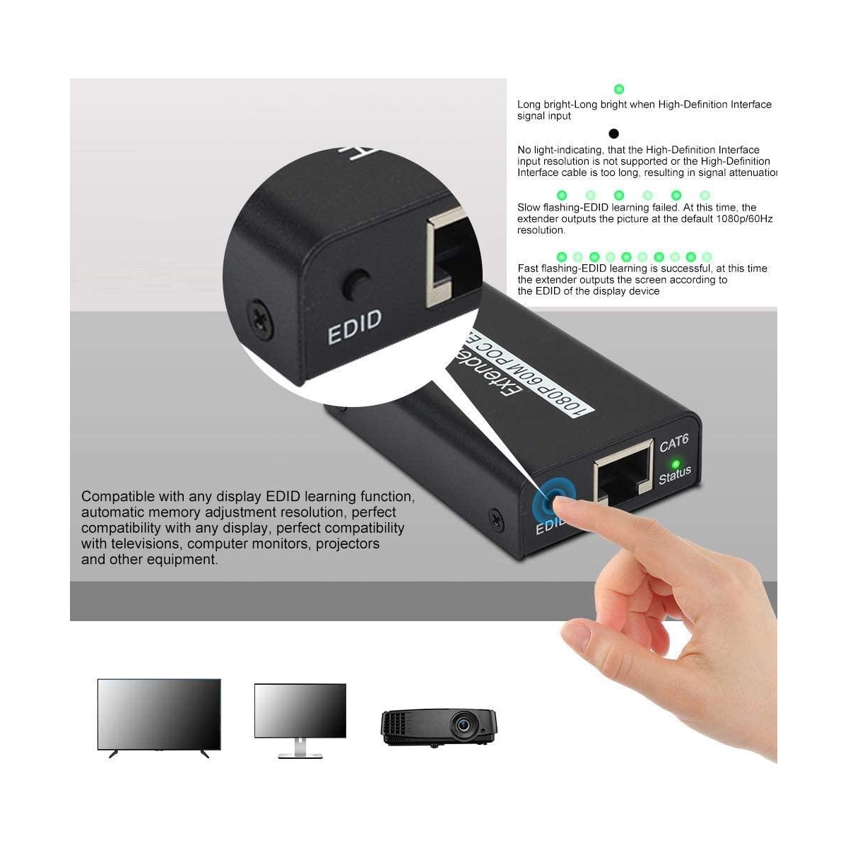 NÖRDIC HDMI CAT6 Extension 60m 1080p 60Hz HD Edid Funksjon HDMI Extension Plug & Play