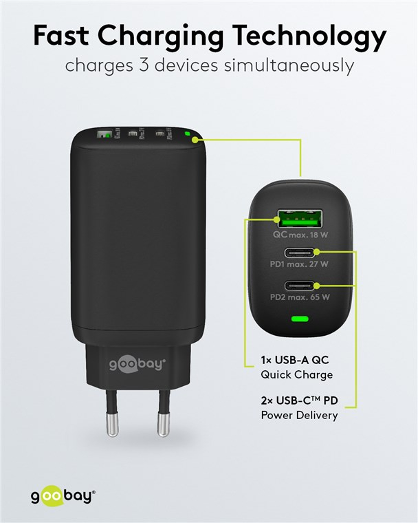 (65W/3A) Dual USB C / USB A GaN Ladegerät Netzteil Power Delivery / Quick Charge 3.0 (61760) - Schwarz