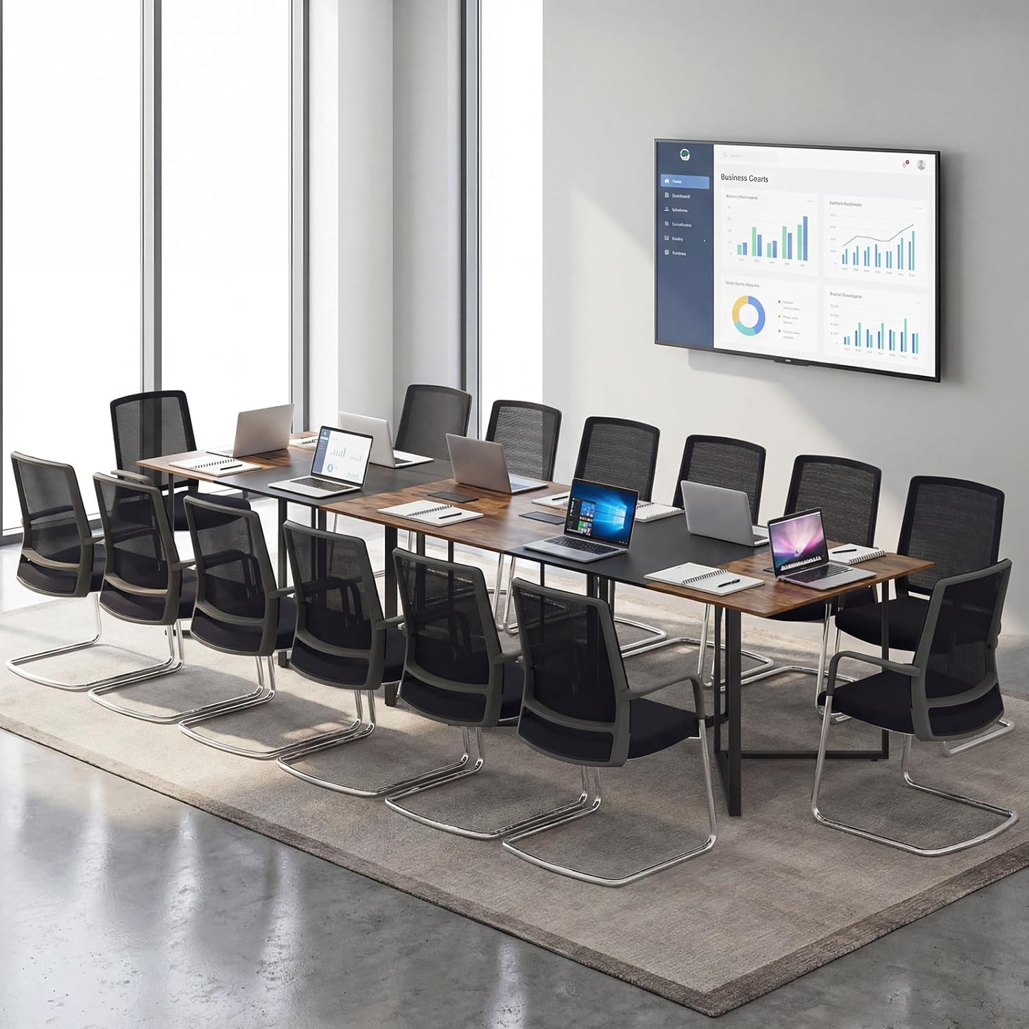 GIANTEX Konferenztisch 180 x 100 cm, Großer Besprechungstisch für 6 bis 8 Personen, rechteckiger Bürotisch mit 2 Kabeldurchlässen, Metallgestell, Traglast 120 kg, für Besprechungsraum & Büro