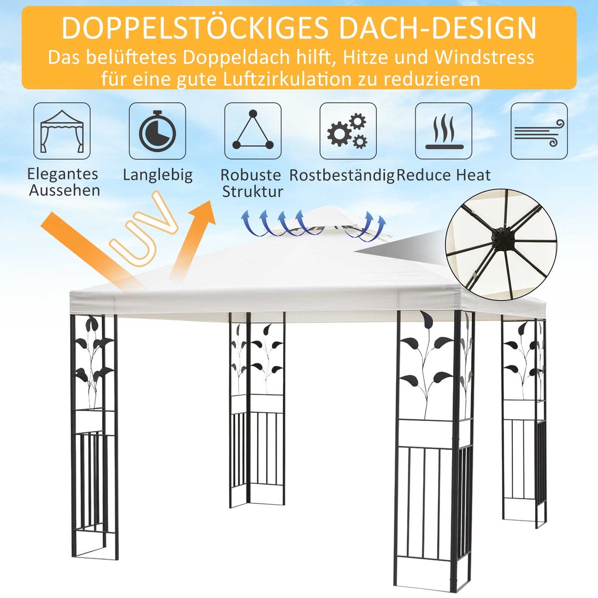 Outsunny tuinpaviljoen met bladmotief, 295L x 295B x 270H cm, polyester, crèmewit