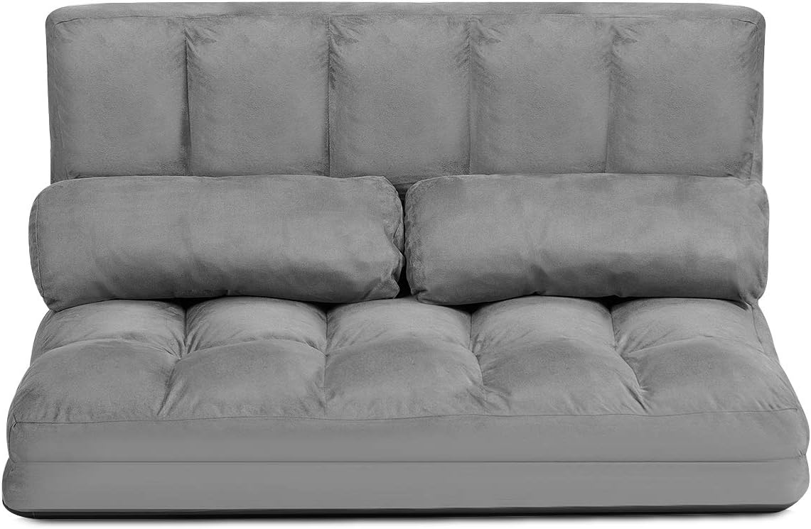 GOPLUS 2 Sitzer Bodensofa mit 2 Kissen, 3 in 1 Sofabett Liege Sofa mit 6 stufig Verstellbarer Rückenlehne, Klappsofa mit Schlaffunktion für Wohnzimmer Schlafzimmer (Grau)