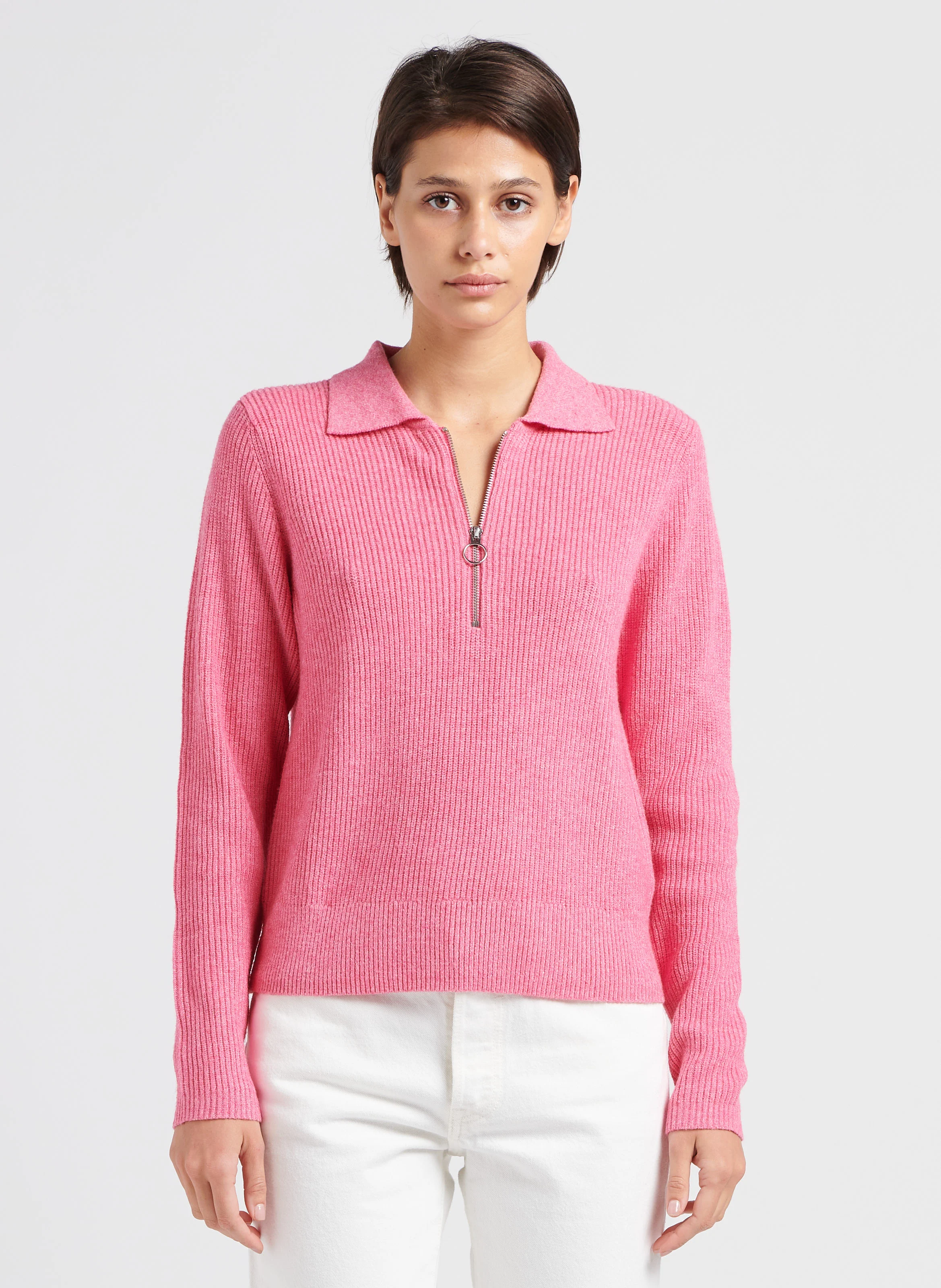 Pull col classique en maille mélangée| Rose