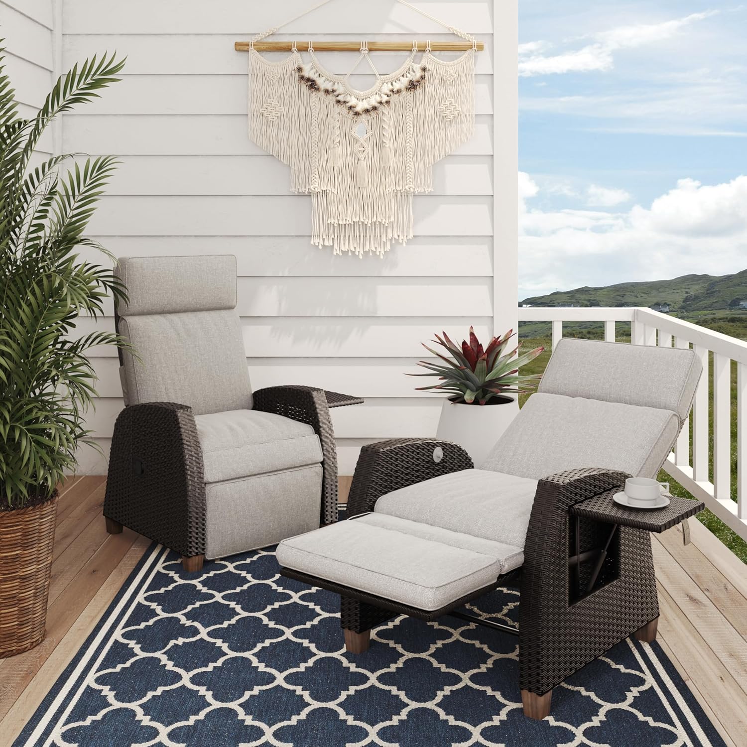 Grand patio Relaxliege Liegesessel mit Sitzkissen Gartensessel Verstellbare Rückenlehne Rattan Sonnenliege für Innen Außeneinsatz -Creme Sitzkissen & Grau Rattan