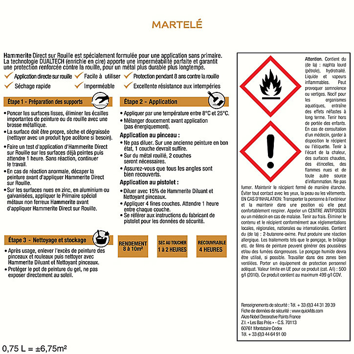 Peinture métal direct sur rouille Hammerite martelé vert jade 0,75L
