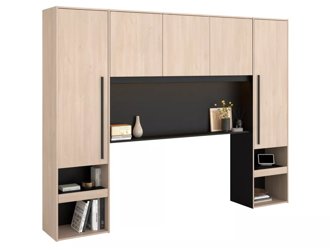 Lit pont 140 x 190 cm avec rangements - Avec LEDs - Coloris : Naturel et noir - VELONA