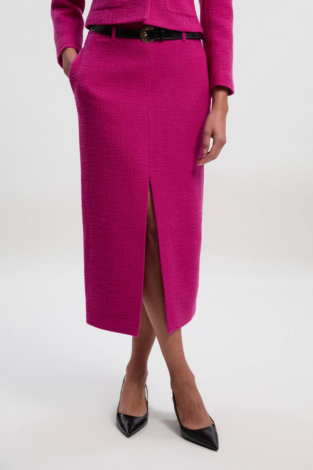 KarenMillen Jupe Crayon Ajustée en Tweed Texturé avec Ceinture