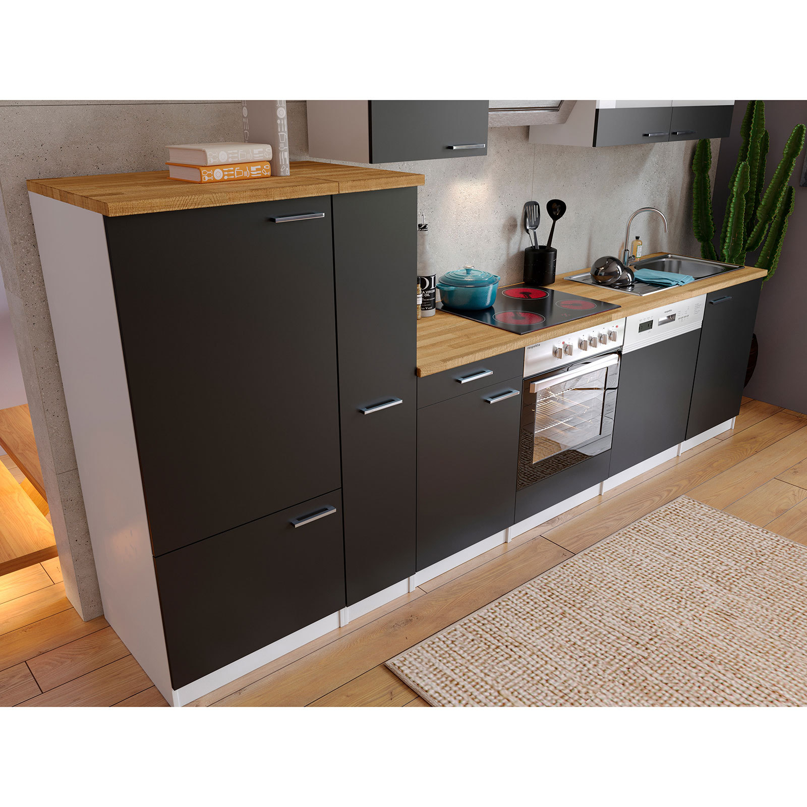 RESPEKTA Küchenblock - schwarz-weiß - mit E-Geräten - 310 cm