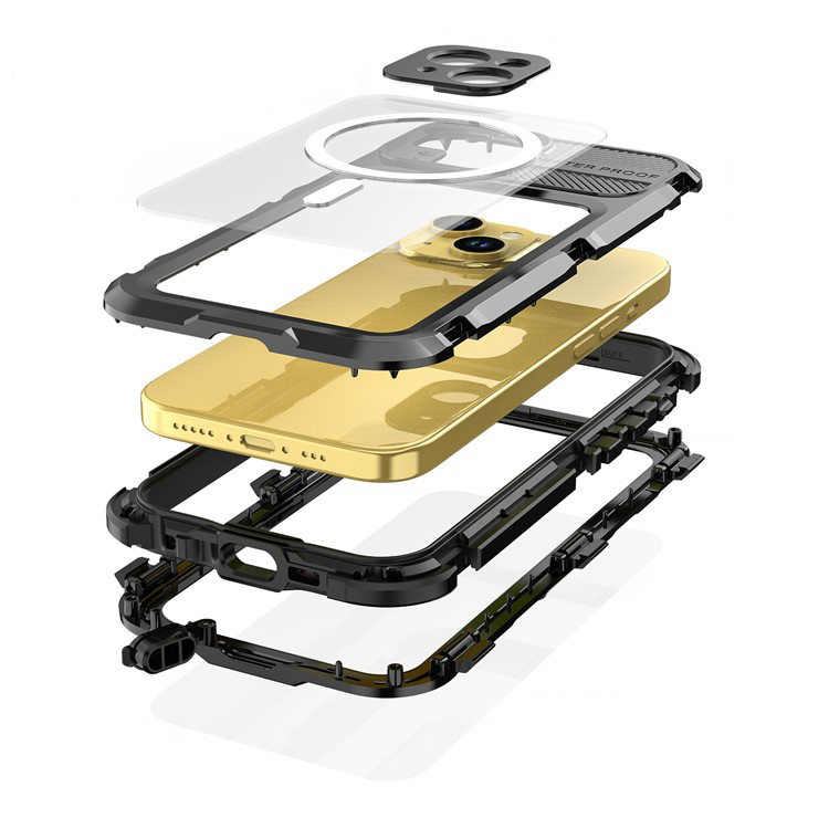 iPhone 15 Wasserfeste MagSafe Alu Outdoor Schutz Hülle (IP68) - Schwarz / Transparent