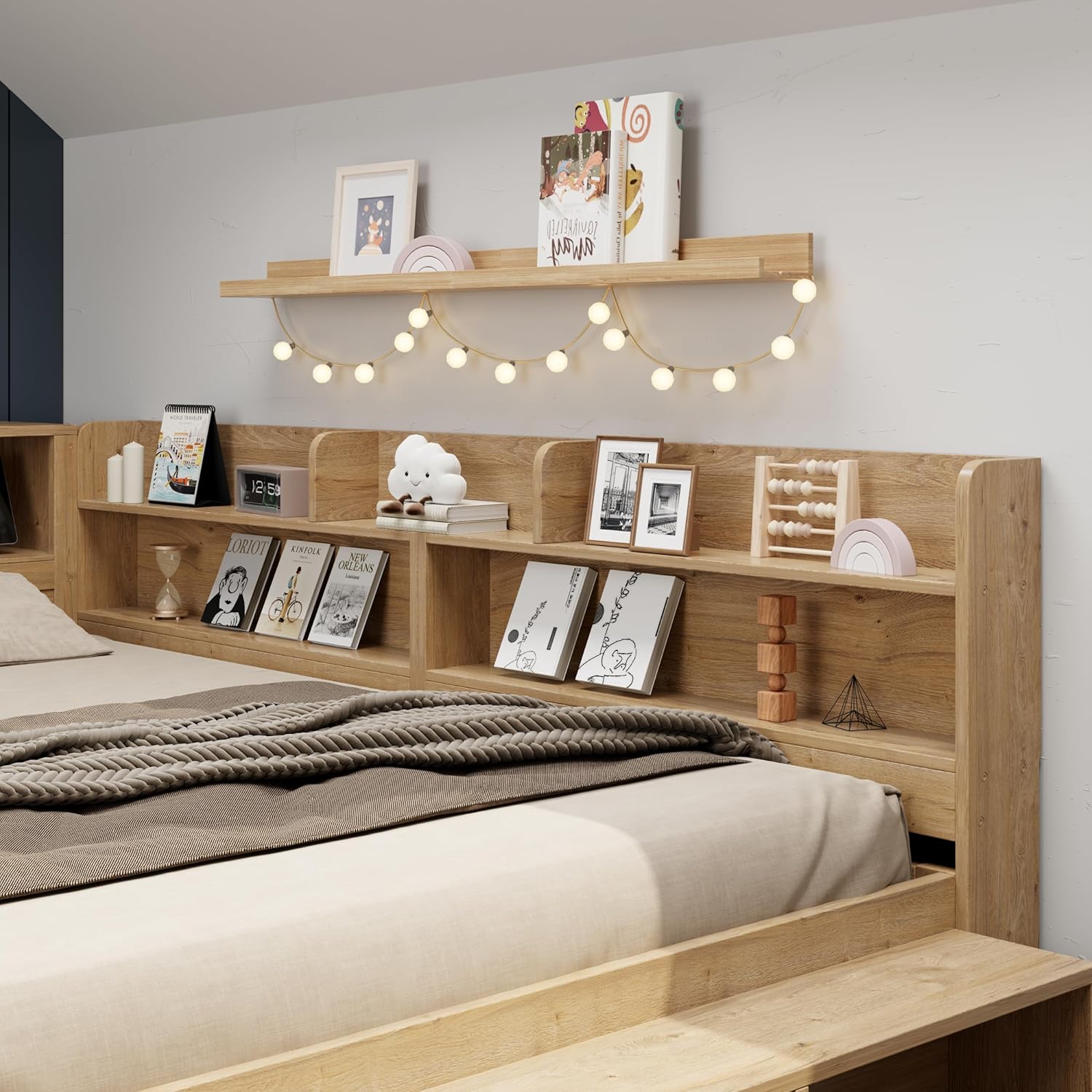 Kinderbett 140x200 cm, Doppelbett, Multifunktionales Holzbett mit Schubladen, Bücherregal und Stauschrank, großer Stauraum, Lattenrost, ohne Matratze, Natur