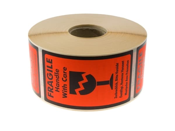 Etiket m/tekst Fragile Handle with care 120x70mm 1000stk/rul