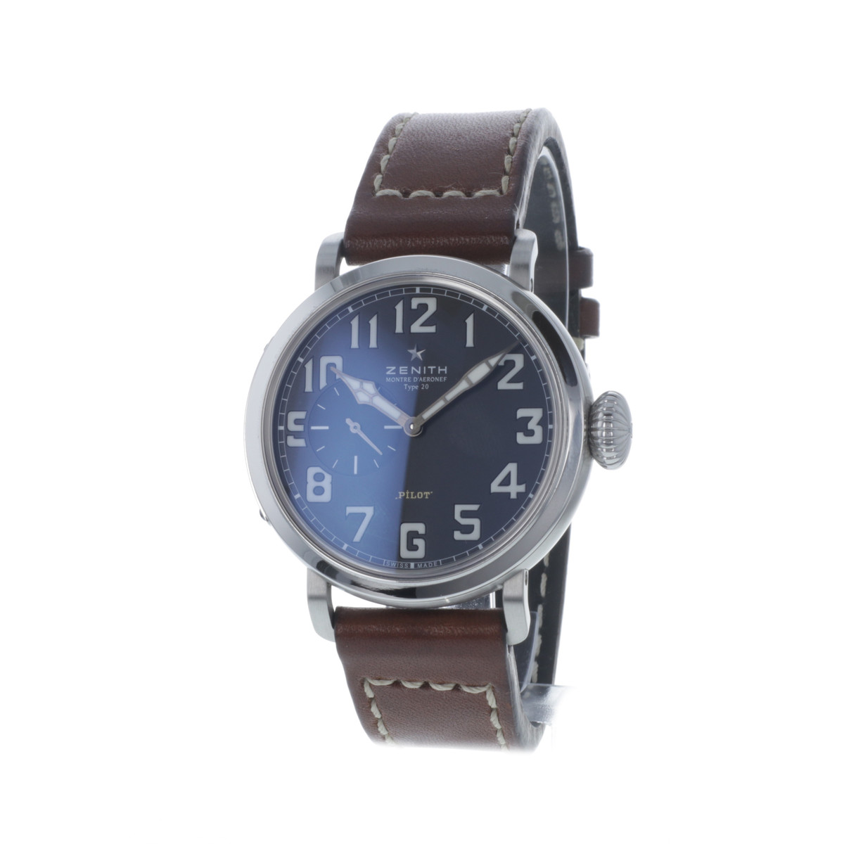 Montre d'occasion Zenith Pilot homme automatique acier bracelet cuir marron